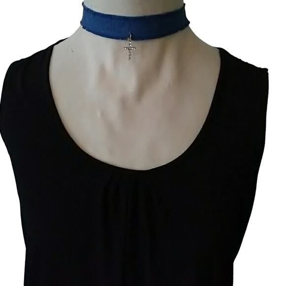 DENIM Choker Crystal Cross Pendent Med Blue Necklace Boho Punk Religious Christ - Picture 3 of 5